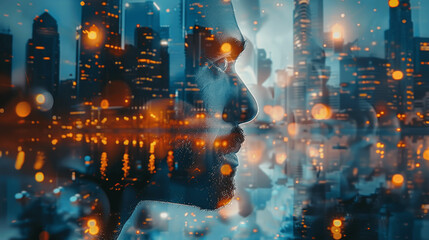 Fototapeta premium Futuristic businessman merging with night cityscape, embodying innovation, leadership, and modern enterprise in an urban environment