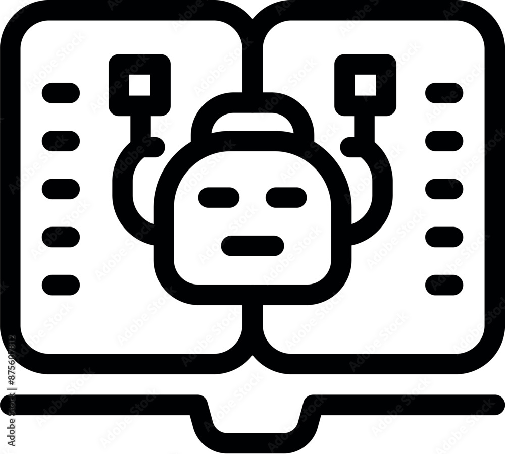 Poster black outline icon of a robot holding two plugs over an open book, symbolizing the connection betwee