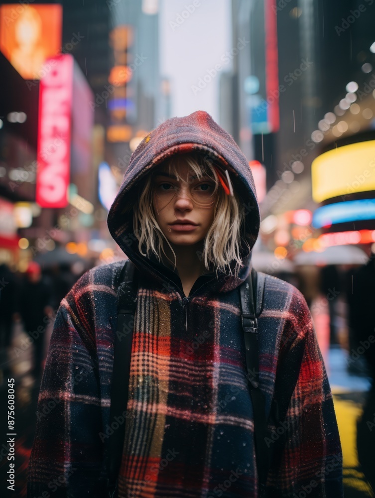 Poster a woman wearing a plaid hoodie in new york city