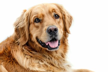 Golden retriever relaxing on white background with tongue out close up pet portrait in travel and beauty theme