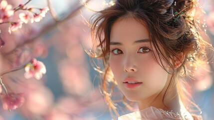 Fototapeta premium A stunning Asian woman with a loose chignon and delicate tulle dress, captured close-up with a soft halo of light pink Japanese cherry blossoms, evoking elegance