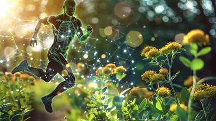 3D Illustration of Rhodiola Rosea Hologram Showing Endurance Enhancement, Active Body and Reduced Fatigue for Medical Health Ad