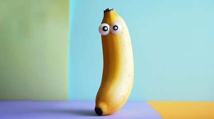 a banana with googly eyes isolated on colorful background