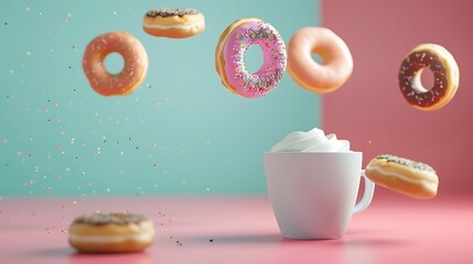 Flying multicolored donuts and a cup of coffee isolated on colorful background