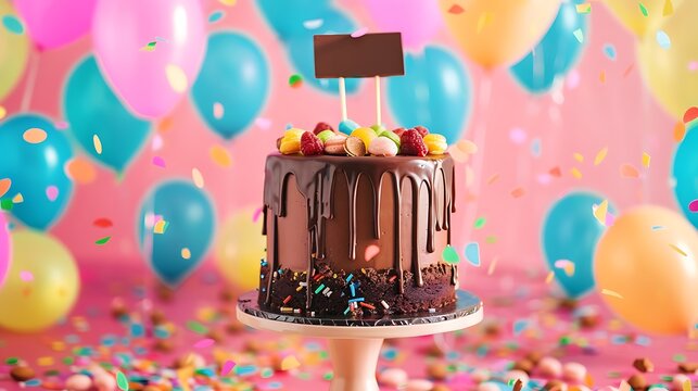 Fresh cholocate delicious cake with maracoons around it with topper Congrats Grad isolated on colorful background