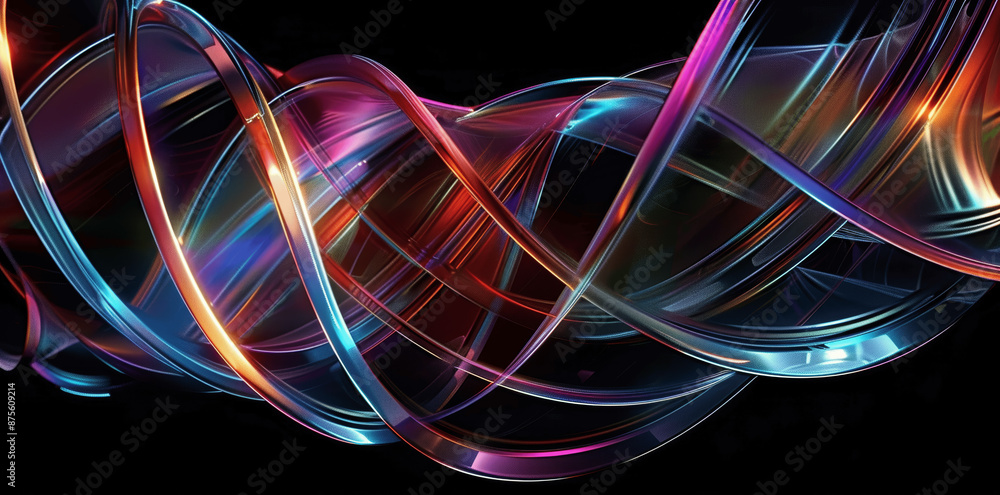 Poster 3d render of colorful intertwined spiral lines and curves on black background