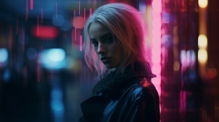 a woman with blonde hair standing in front of neon lights