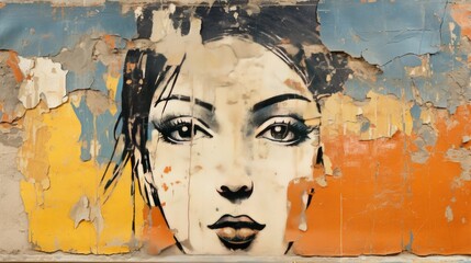 a woman with a blue eye and a yellow eye and a blue background.