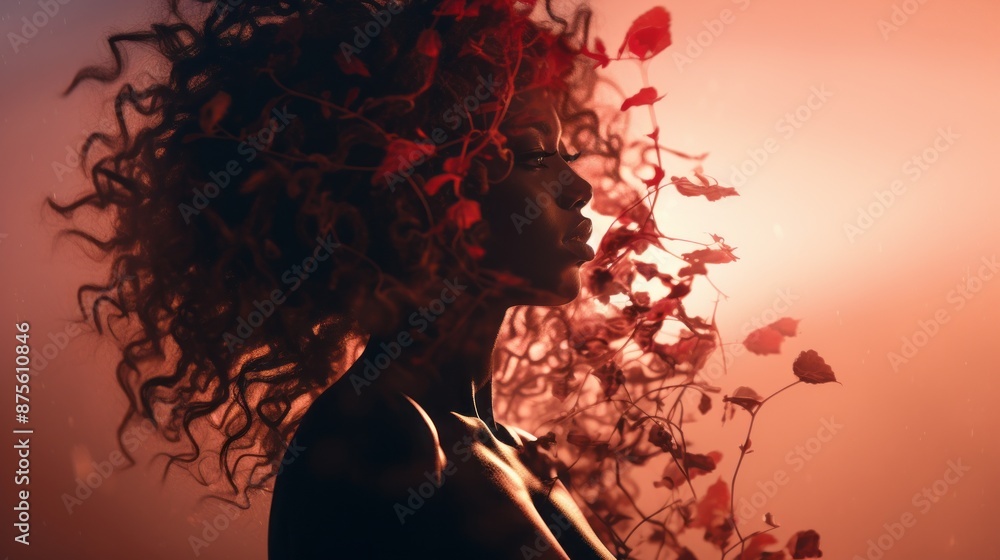 Poster a woman with curly hair and red flowers in her hair