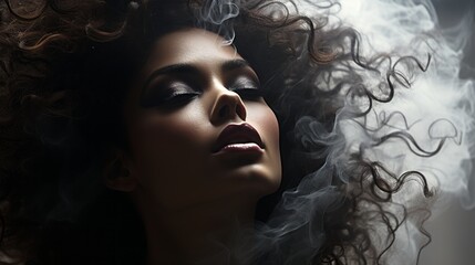 a woman with curly hair and smoke coming out of her mouth