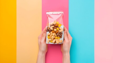 Obraz premium hand hold a packet of mixed nuts isolated on colorful background