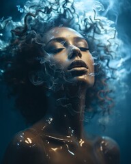 a woman with curly hair and smoke coming out of her mouth