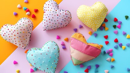 Handmade heart cushions isolated on colorful background