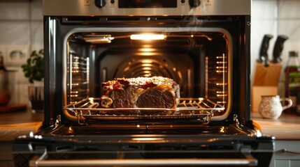 A roast beef cooking in a modern oven, ideal for gourmet home meals and sophisticated culinary experiences