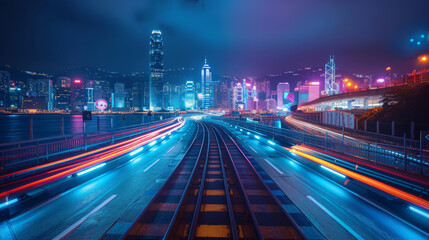 Fototapeta premium A city street at night with a train running down the middle