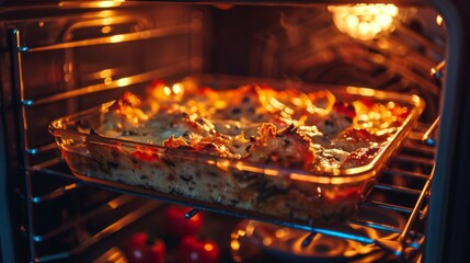 Casserole dish baking in the oven, highlighting the cheesy top and hearty ingredients, perfect for family meal ideas and recipe websites