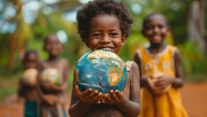 International day of peace concept with African Children holding earth globe. Group of African...