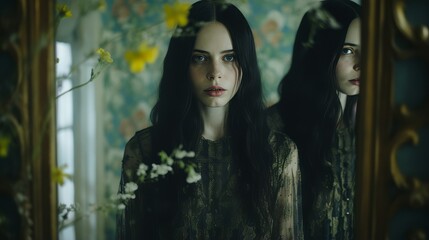 a woman with long black hair in front of a mirror