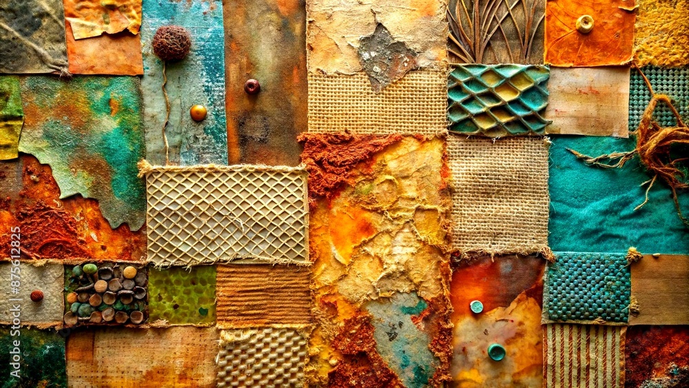 Poster a tapestry of textures: a mixed media artwork explores the interplay of different materials and surf
