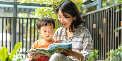 Obraz premium Cherished Bond: A Young Asian Boy and His Mother Share an Intimate Storytime Together, Embracing the Joy of Learning and Family Togetherness