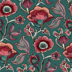 Whimsical Folk Art Motif Fabric in Blue and Purple