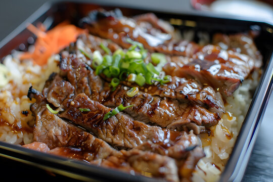 Japanese yakiniku bento box with grilled beef, assorted vegetables, and steamed rice. Asian lunch concept.