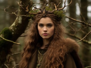 a woman with long red hair wearing a crown in the woods