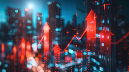 Obraz premium dynamic financial growth concept with red upward arrows on a cityscape background