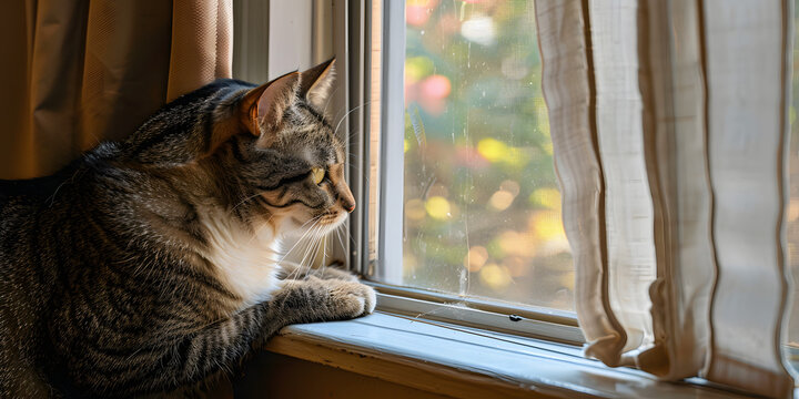 Gato tigrado pensativo olhando pela janela