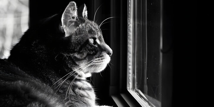 Gato tigrado pensativo olhando pela janela