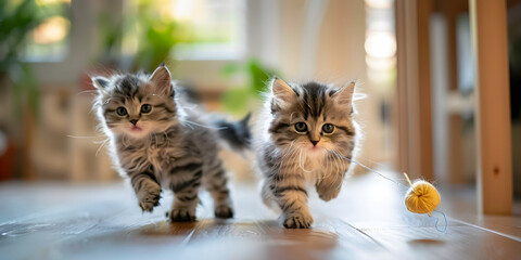 Gatinhos brincalhões perseguindo novelo de lã
