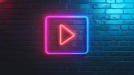 Live Streaming Event icon or play button with glowing neon colorful lighting on black brick wall