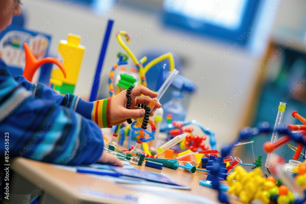 Poster close up of smart children hands learning about science by using toy in stem science lesson. skilled