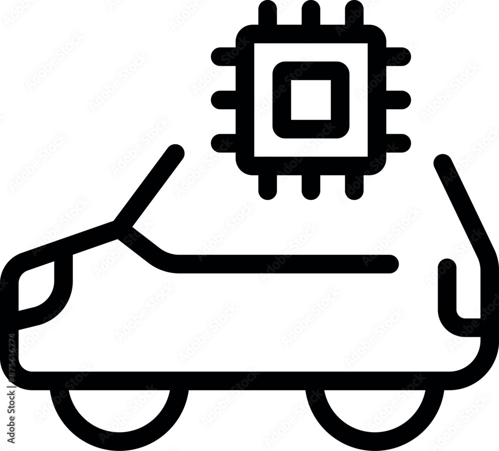 Poster line icon of a car with a cpu on top, representing ai in transportation