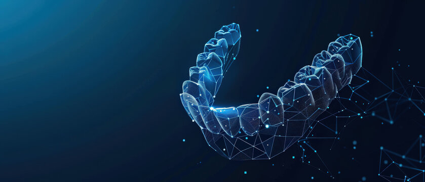 Digital 3D render of human teeth shown with a wireframe design and blue geometric connections on a dark background.