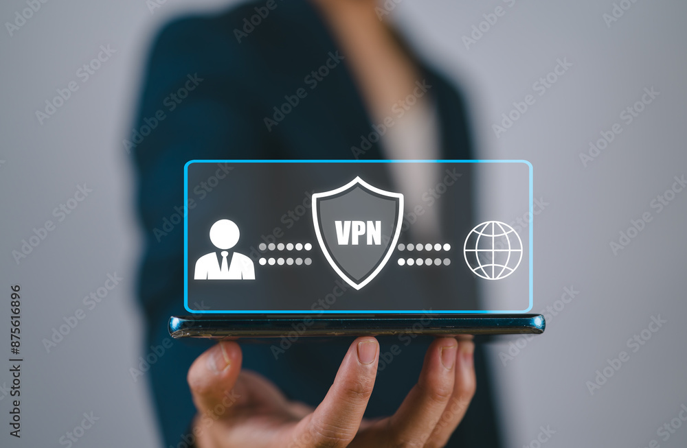Fototapete VPN Virtual private network concept. Businessman use smartphone with virtual screen of VPN connection. Internet security, encrypted connection for anonymous internet user.