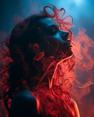 a woman with red smoke coming out of her hair