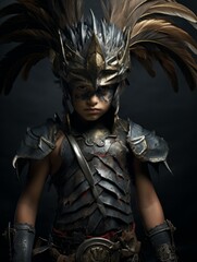 a young boy dressed in armor with feathers on his head