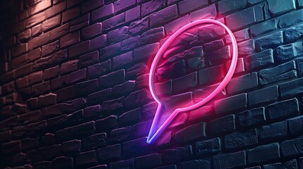 Neon light speech bubble share arrow line icon with glowing neon colorful lighting on black brick wall