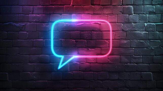 Neon light speech bubble share arrow line icon with glowing neon colorful lighting on black brick wall