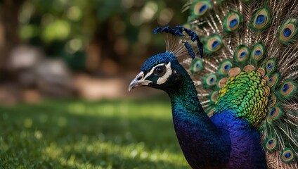 Obraz premium Vibrant Peacock Display with Full Fan of Colorful Tail Feathers Exotic Bird Portrait Majestic Plumage and Brilliant Iridescent Colors for Nature and Wildlife Art