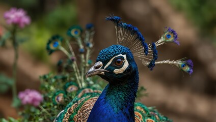 Obraz premium Colorful Peacock in Profile Facing Left Exotic Bird with Iridescent Blue and Green Plumage Elegant Wildlife Portrait and Detailed Feathers for Nature and Ornamental Art