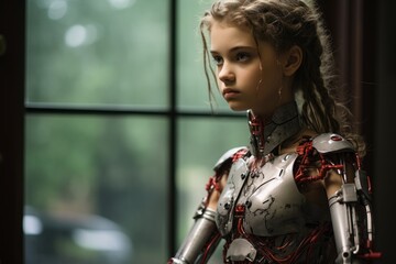 Naklejka premium a young girl in a robot costume standing in front of a window