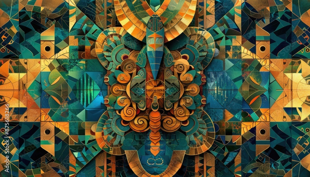 Aufkleber a symmetrical design featuring a vibrant teal and gold abstract geometric pattern with artistic and 