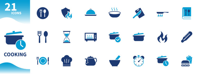 Cooking icon. Set of icons for pots, pans, fire, cooking time, cutting board, restaurant, food,...