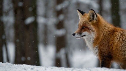 Fototapeta premium Alert Red Fox Standing in Snow Looking to the Right Stunning Winter Wildlife Photography in Snowy Landscape Perfect for Nature Forest and Animal Conservation Themes