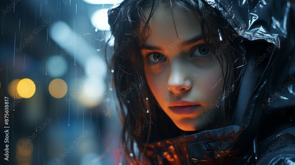 Canvas Prints a young woman in the rain with her hood up