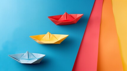Paper boat three failed attempts until the solution is achieved isolated on colorful background