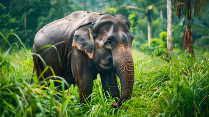 Fototapeta premium Majestic African elephant standing amidst the lush green vegetation of a tropical rainforest habitat The powerful mammal is wandering and exploring its natural environment