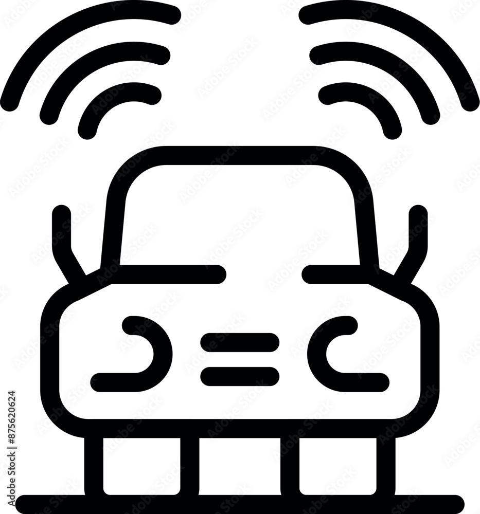 Poster line icon of a smart car sending and receiving signals, representing the concept of autonomous drivi